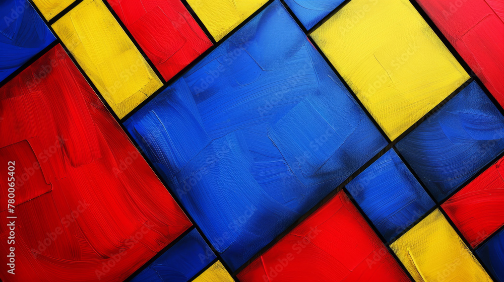 Bold red, yellow, and blue brushstrokes on a textured geometric abstract artwork