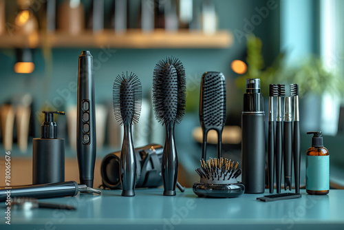 An array of professional hair styling tools including a sleek hair straightener, a curling iron with various barrel sizes photo