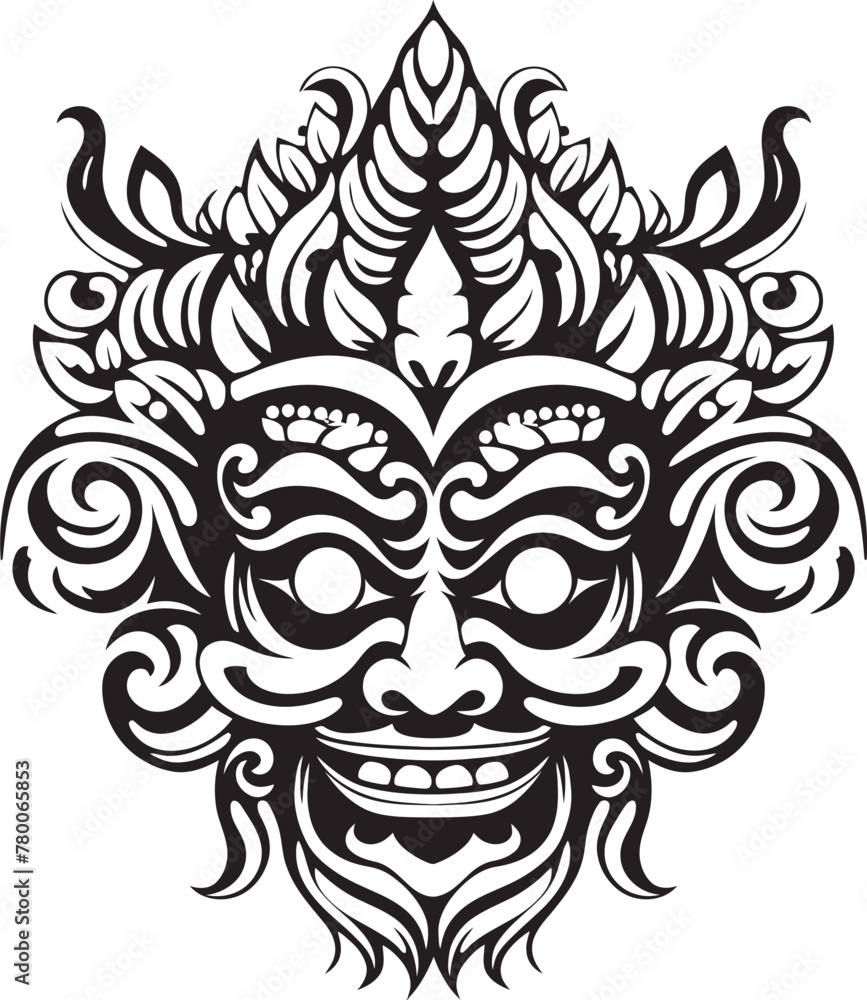Tribal Treasures: Bali Mask Icon Graphics Cultural Carvings: Traditional Bali Mask Emblem Graphics