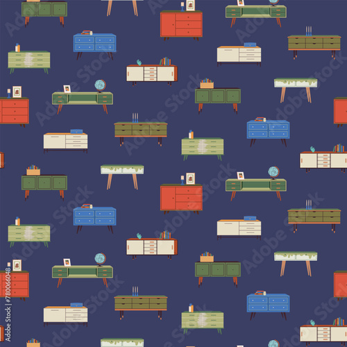 Seamless pattern with comodes and chest of drawers on blue background. Vector background with furniture in flat style. Modern vector design for packaging, fabric, wrapping, cover, interior decor.