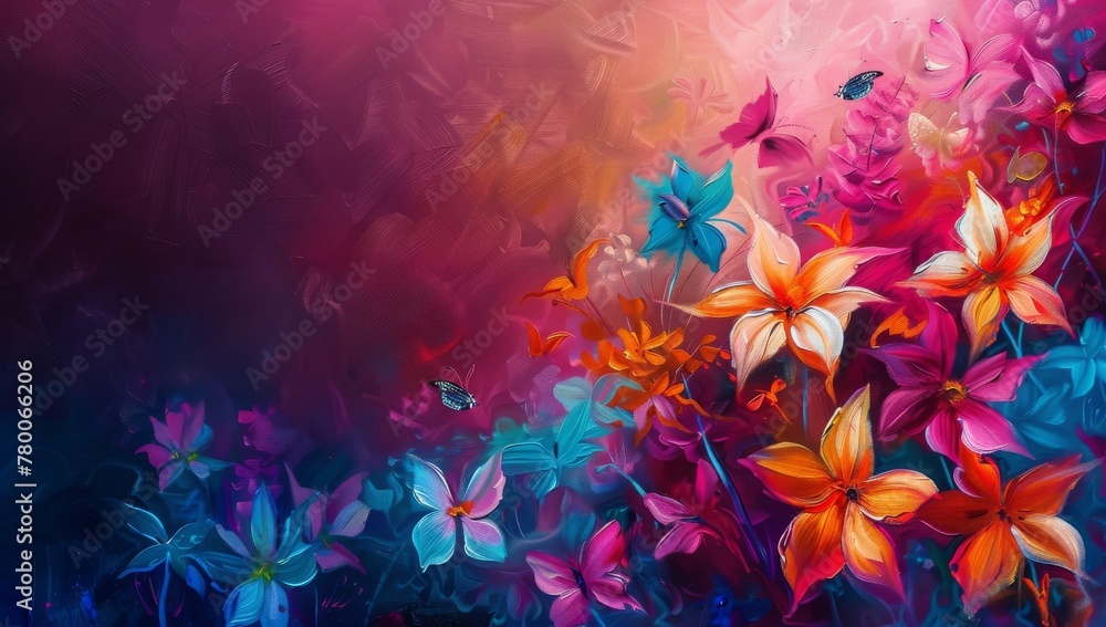 Colorful painting of flowers in the style of impressionist art. The background is dark and vibrant, with a focus on pink, red, and orange poppies and butterflies - obrazy, fototapety, plakaty 
