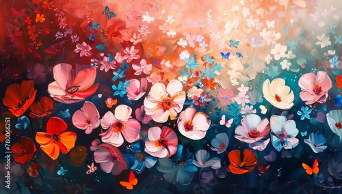 Colorful painting of flowers in the style of impressionist art. The background is dark and vibrant, with a focus on pink, red, and orange poppies and butterflies © MD Media