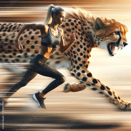 Female runner racing with a cheetah.