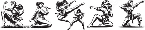 pin up girls in various karate poses vector set
