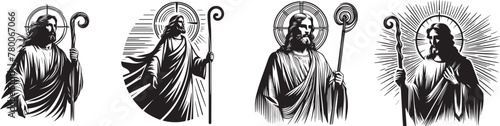 jesus christ  with staff vector black and white