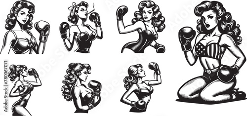 pin up girls in different boxing stances vector set