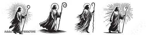 jesus christ walking with staff vector black and white vector graphics