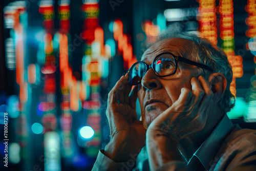 Worried stressed senior old man shocked by crashing stock market, lost his retirement money