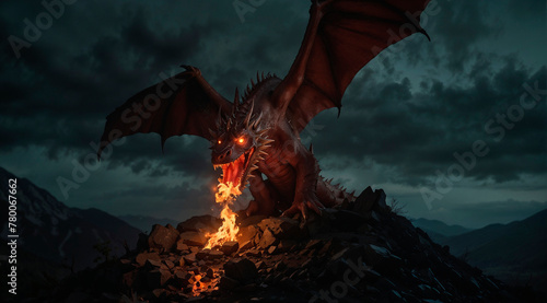 Dragon in the mountains with fire