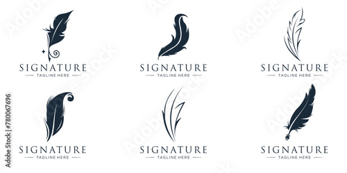 feather pen ink signature symbol. set of abstract signature feather pen logo design template on white background. © ulhaq_std