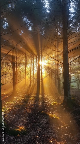 Sunbeams Filtering Through Trees in Forest