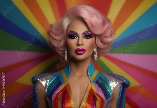 Portrait of a drag queen. Man dressed up as a woman on colorful attire and vibrant background