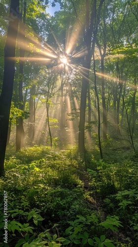 Sunbeams Filtering Through Trees in Forest