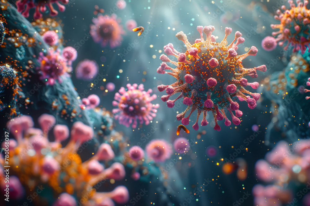 A visualization of the molecular structure of viruses or bacteria responsible for causing infectious diseases, highlighting their unique characteristics. Generative Ai. A visualization of the molecular structure of viruses or bacteria responsible for causing infectious diseases, highlighting their unique characteristics. Generative Ai.