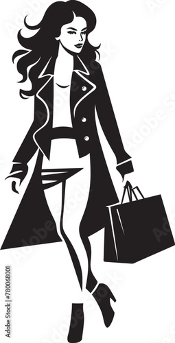 Trendy Tote Icon: Young Woman Emblem Design City Chic Style: Vector Logo of Fashionable Shopper