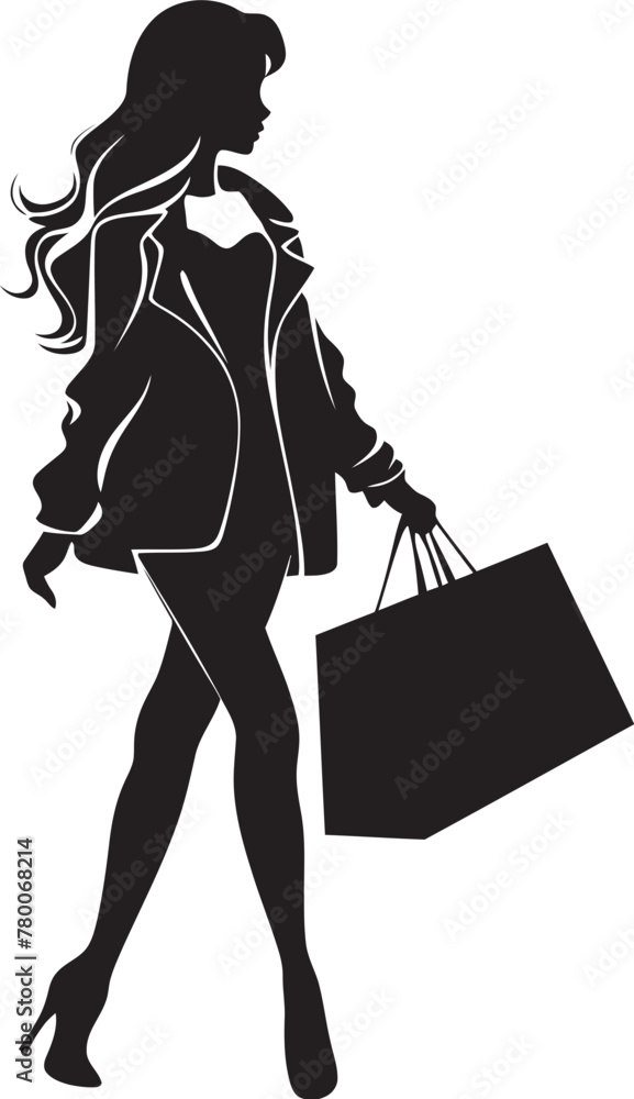 Trendsetter's Style: Young Woman Shopping Bag Emblem Retail Royalty: Vector Logo of Boutique Beauty