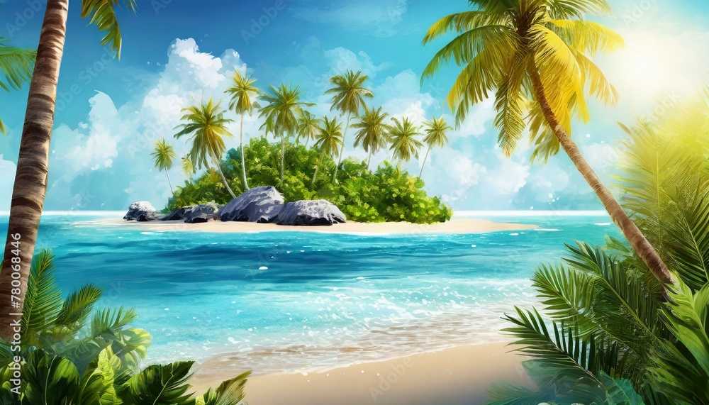 Tropical Haven: Illustration of a Picturesque Island with Palm Trees