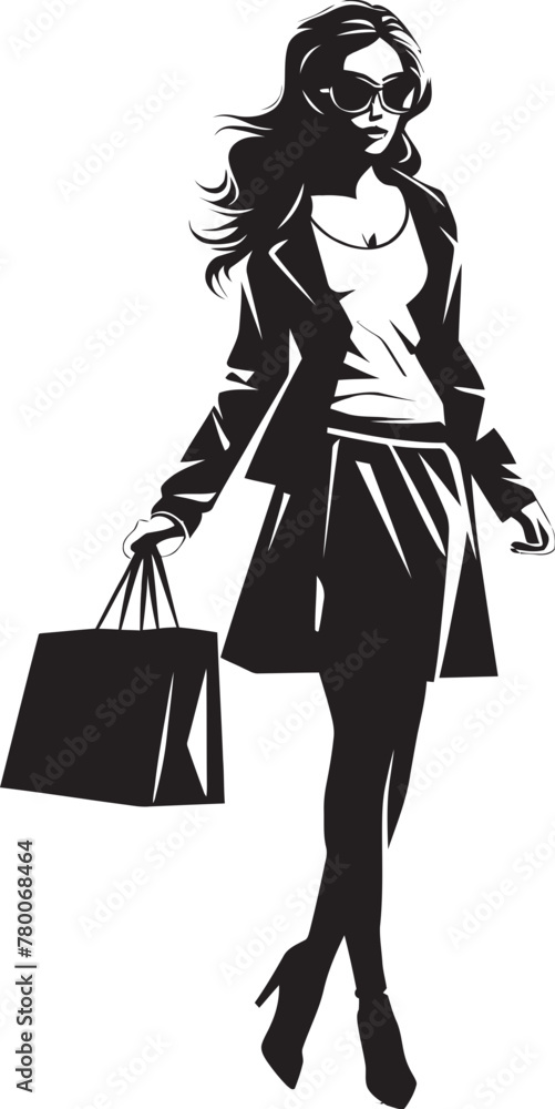 Urban Elegance: Young Woman with Bag Icon Graphics Glamour Goddess: Vector Logo of Trendy Tote Trend