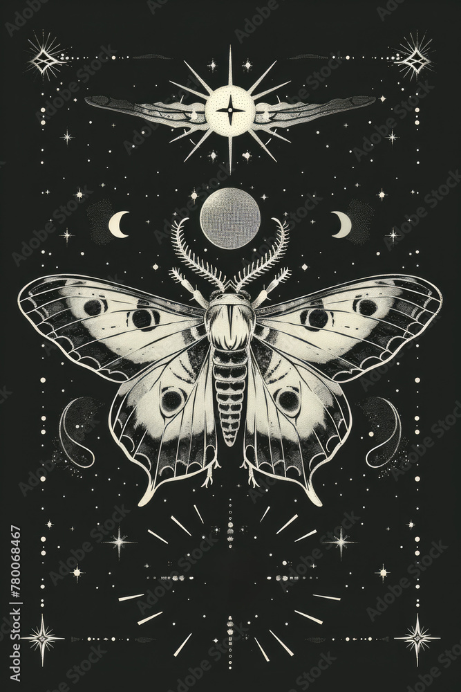 Celestial skeleton moth surrounded by occult symbolism, folk monochrome art, Celestial skeleton moth surrounded by occult symbolism, folk monochrome art,