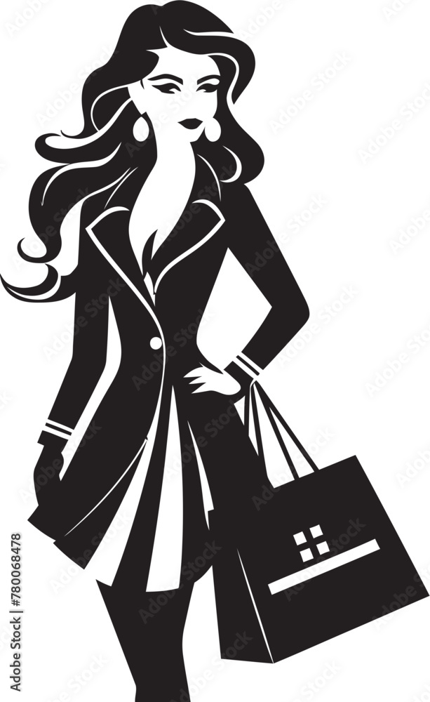Fashionista Fabulous: Young Woman with Bag Icon Design Stylish Chic Boutique: Vector Logo of Trendsetter Shopper Fashionista Fabulous: Young Woman with Bag Icon Design Stylish Chic Boutique: Vector Logo of Trendsetter Shopper