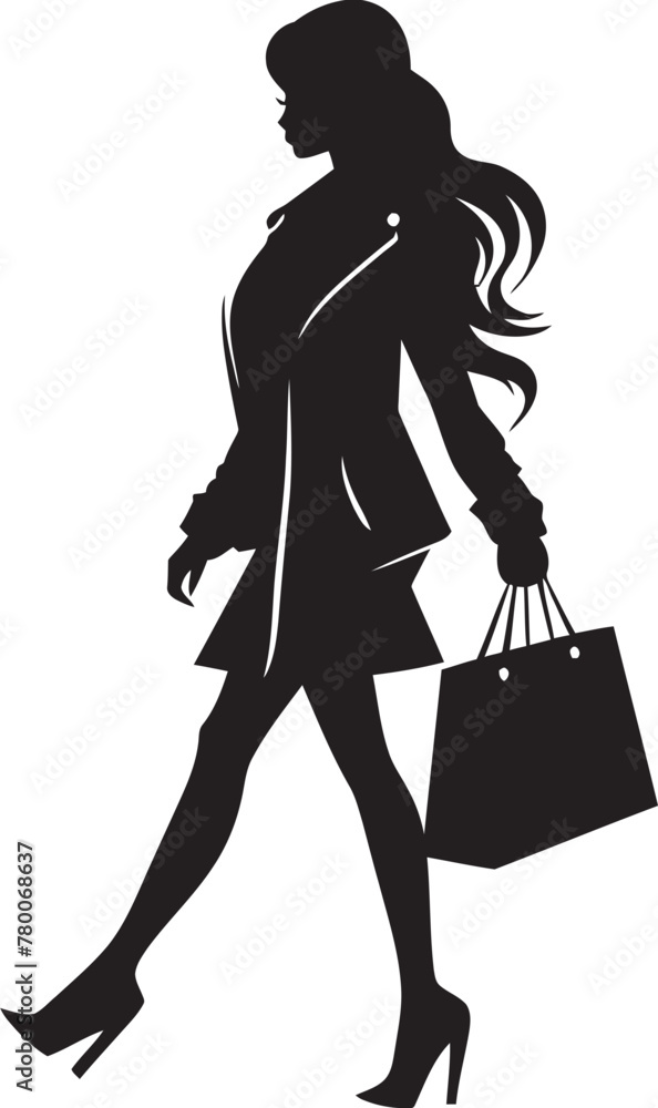 Stylish Retail Maven: Fashionable Woman with Shopping Bag Icon Glamour Galore: Iconic Vector Logo of Chic Shopper