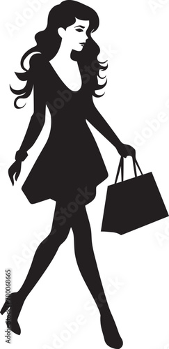 Glamour Galore: Iconic Vector Logo of Chic Shopper Trendy Tote Icon: Young Woman with Shopping Bag Symbol