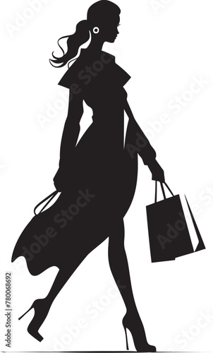 Fashion Maven Icon: Fashionable Lady with Shopping Bag Vector Logo Urban Glamour: Iconic Vector Logo of Trendy Shopper
