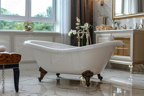 Elegant Bathroom With Claw Foot Tub and Marble Floor