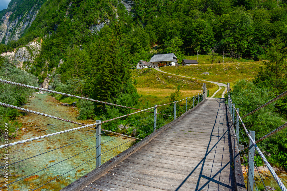 wooden bridge over soca river in Slovenia wooden bridge over soca river in Slovenia
