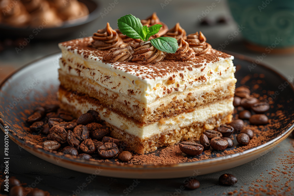 A decadent tiramisu dessert with layers of coffee-soaked sponge cake and creamy mascarpone cheese, offering a delightful mix of bitter and sweet flavors. Generative Ai. A decadent tiramisu dessert with layers of coffee-soaked sponge cake and creamy mascarpone cheese, offering a delightful mix of bitter and sweet flavors. Generative Ai.