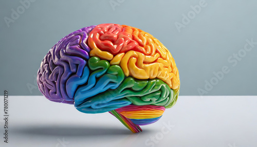 Glossy Rainbow Human Brain Symbolizing Neurodiversity and Mental Health, Isolated on White