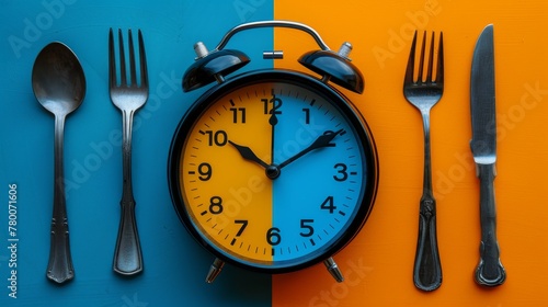The alarm clock and plate are yellow and blue, indicating intermittent fasting and lunch time. It also has a clock timer and cutlery.