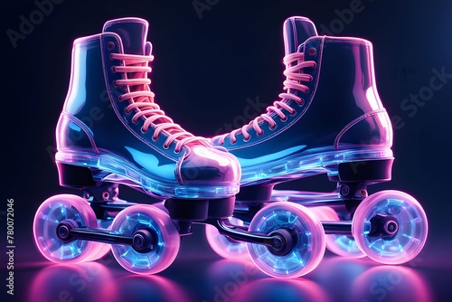 Neon glow roller skates on dark background