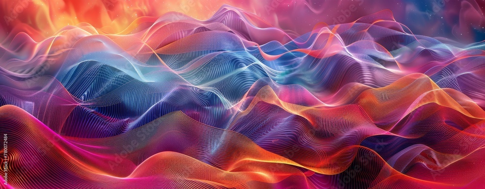 Abstract background with colorful sound waves and wave forms. Abstract digital landscape with glowing neon lights. Futuristic networking connections Abstract background with colorful sound waves and wave forms. Abstract digital landscape with glowing neon lights. Futuristic networking connections