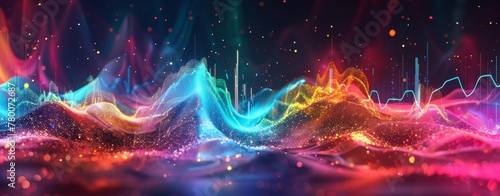 Abstract background with colorful sound waves and wave forms. Abstract digital landscape with glowing neon lights. Futuristic networking connections