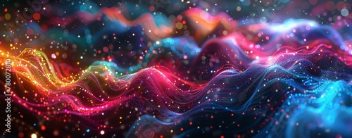 Abstract background with colorful sound waves and wave forms. Abstract digital landscape with glowing neon lights. Futuristic networking connections photo