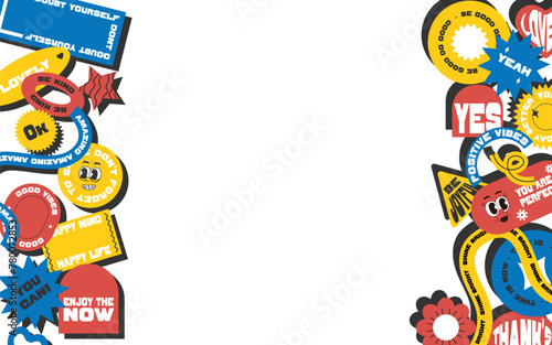 Banner with stickers in y2k style. Positive and festive phrases and words. Isolated trendy elements. 