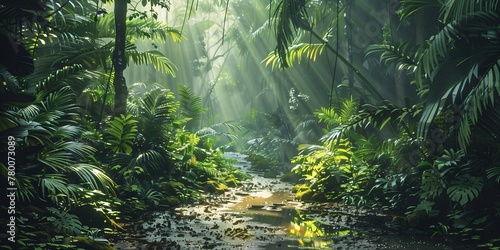 a stream in a forest with trees and plants with Tropical rainforest in the background