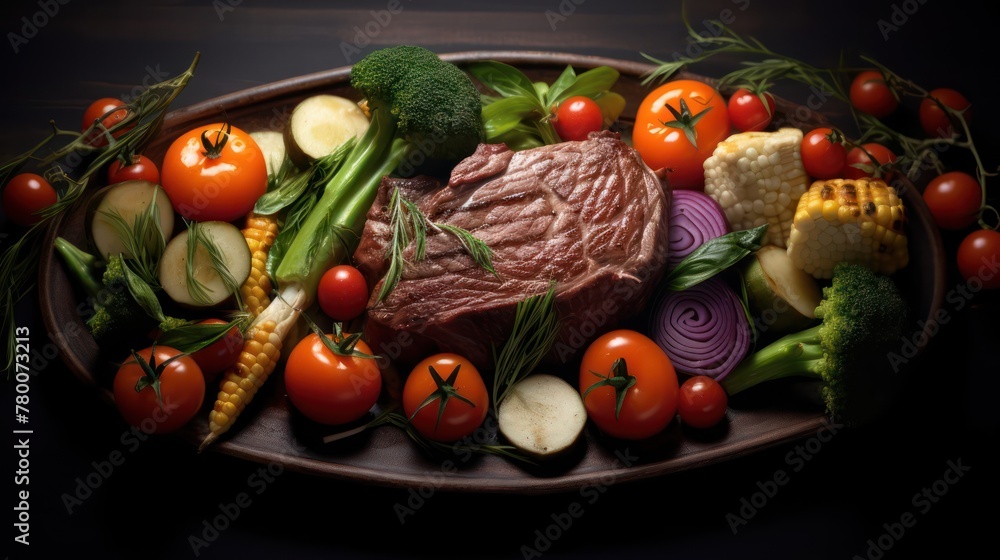 baked meat with vegetables on a dark background baked meat with vegetables on a dark background