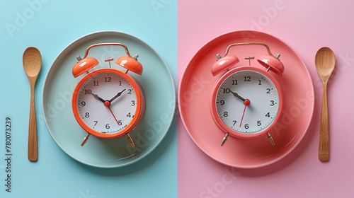 Decorative alarm clock and wooden spoon on pink plate. Concept of intermittent fasting, lunchtime, diet and weight loss