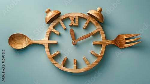 The shape of a clock on a spoon and fork represents eating intermittently at lunchtime. photo