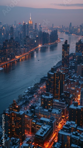 Sun Setting Over River in City