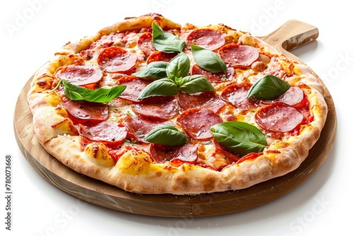 Hot pepperoni pizza topped with fresh basil leaves on a rustic wooden serving board, ready to enjoy. Pepperoni Pizza with Fresh Basil on Wooden Board