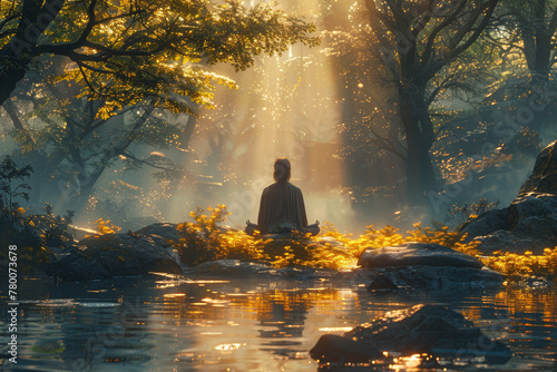 A person meditating in a tranquil forest, finding inner peace and freedom from the chaos of the world. Concept of spiritual liberation and tranquility. Generative Ai.