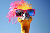 Pink and yellow ostrich wearing sunglasses
