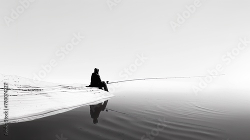 a fisherman sitting alone on a shore, just waiting. Illustration