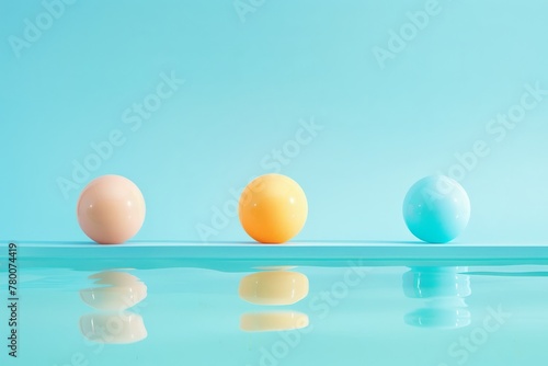 Balls in the pool. Pastel pink, blue and yellow background. Travel, summer and vacation concept