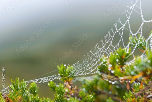 Dew covered cobwebs cover gorse bushes in heavy fog on the Blorenge Woodland Trust reserve in the Brecon Beacons. November
