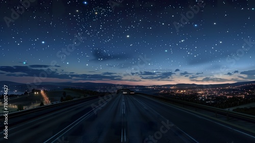 A highway  a night sky  a few cities  a few stars  perfect horizon