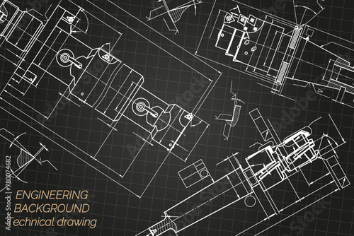 Mechanical engineering drawings on black background. Tap tools, borer. Technical Design. Cover. Blueprint. Vector illustration.